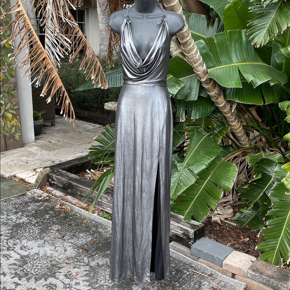 Aidan silver metallic cowl neck halter with high front slit